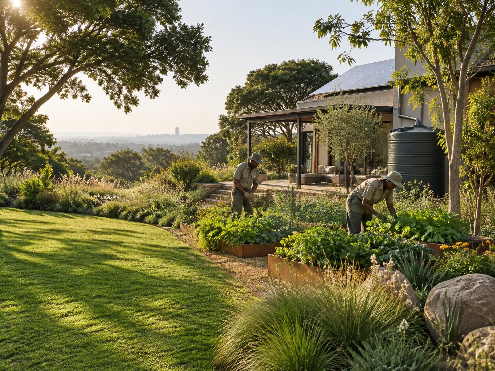 Sustainable landscaped garden with rainwater harvesting and solar energy
